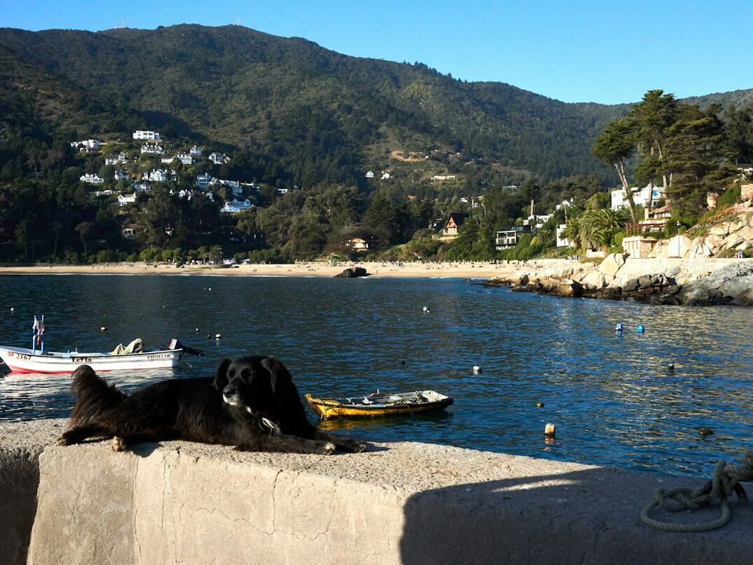 Small coastal town with fishing boats along the Chilean coast